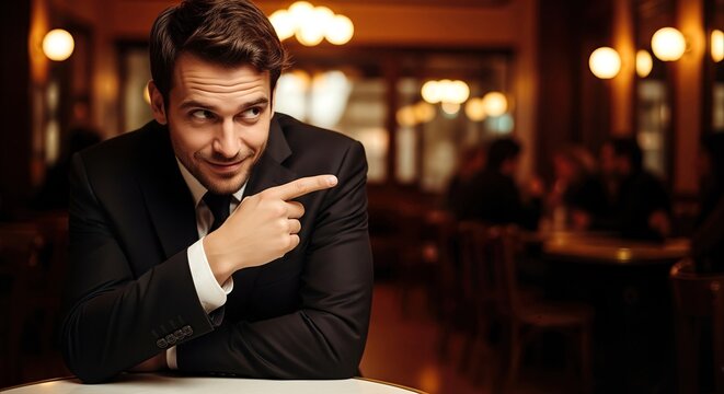 Confident man in suit pointing left, looking right with sly expression in warm, ambient caf&eacute;