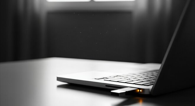 USB drive blinking in laptop, concept of silent data transfer or leak in a dimly lit modern office