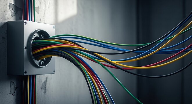 Multicolored electrical wires emerge from a gray junction box on a textured concrete wall, symbolizing technology and connection.