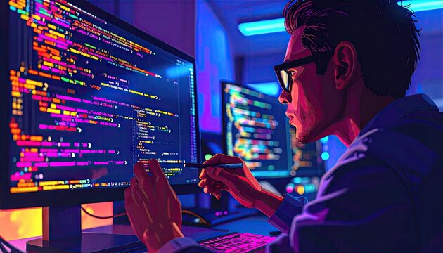 Man working on computer with lines of code displayed on the screen