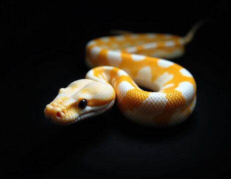 Yellow and white patterned python snake curves body against black background. Reptile shows scales texture and dark eye detail. Close up focus on head.