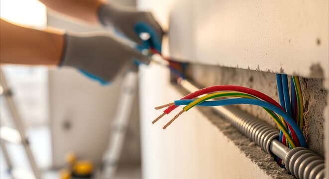 Electrician hands in gloves routing colorful wires through conduit in wall, preparing for construction and renovation projects