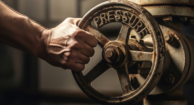Hand grips rusty industrial valve labeled 'PRESSURE', symbolizing strength, control, and industrial power in a dramatic atmosphere.