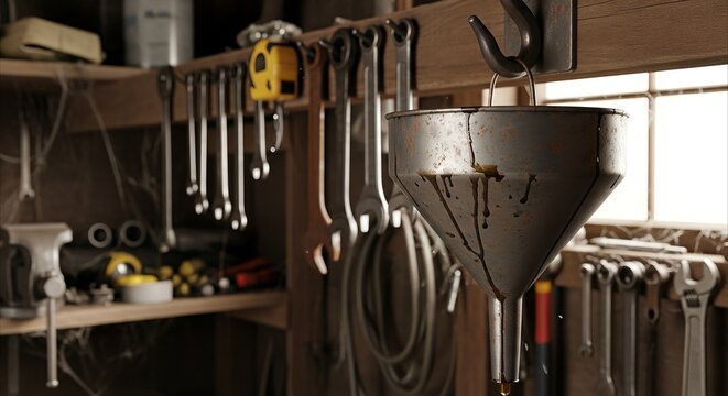 Rusty metal funnel with oil drips hanging in a cluttered garage workshop with tools, evoking a sense of industrial authenticity and DIY projects.