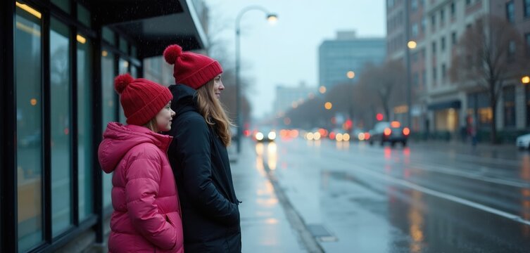 Mother and daughter stand at city bus stop in rain. Both wear red hats and warm coats, waiting for transport on overcast day. They look towards the street with blurred cars.