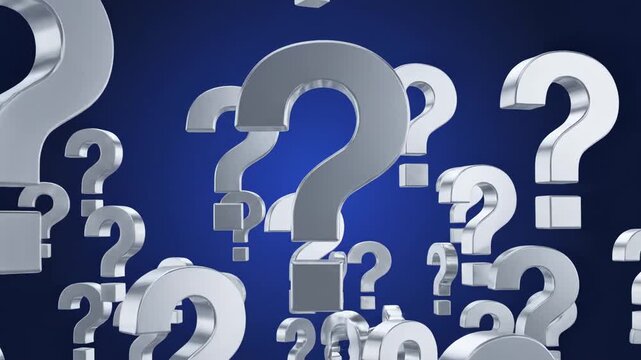 Silver question marks float dynamically against a deep blue background, creating a visually engaging scene that emphasizes curiosity and inquiry in a continuous motion sequence
