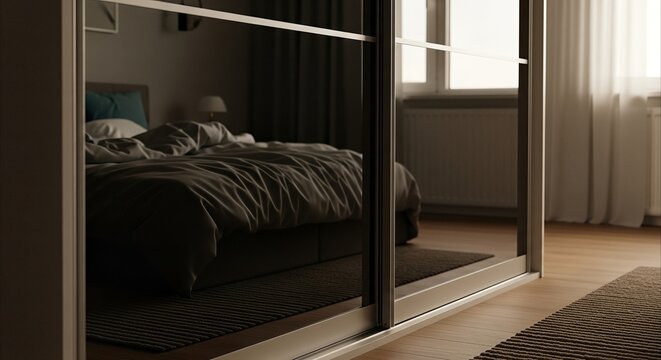 Sliding wardrobe door reflecting a cozy, unmade bed in a domestic interior with soft natural light and shadows, offering ample copy space.