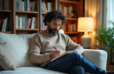 Obraz premium Bearded man sits on sofa writing in notebook. He wears sweater, jeans, works indoors with books, lamp, plant. Mature person plans ideas, thinks.