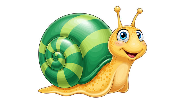 Cartoon snail with green shell smiling on white background