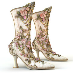 Fototapeta premium Luxurious high heeled boots featuring ornate gold embroidery and soft pink roses