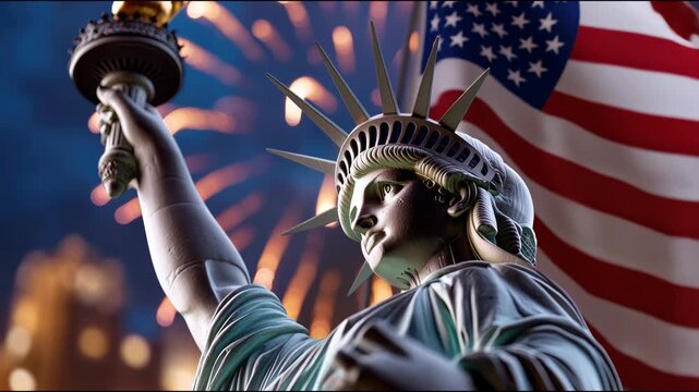Statue of Liberty holding a glowing torch, with a blurred American flag in the background and warm bokeh lights, representing a powerful symbol of freedom, democracy, and United States patriotism