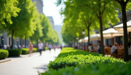 Fototapeta premium Green city park with people walking and dining outdoors under trees. Sunny day with blurred background creates peaceful urban ambiance. Nature meets city life.
