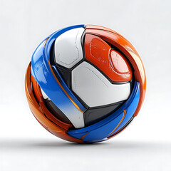 Fototapeta premium Futuristic soccer ball with dynamic blue and orange swirling bands, modern sports equipment for game concepts, fitness, and athletic training