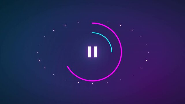 Futuristic neon pause button animation with glowing particles and a rotating stardust ring on a deep purple cosmic background, perfect for sci-fi interfaces and modern media players.