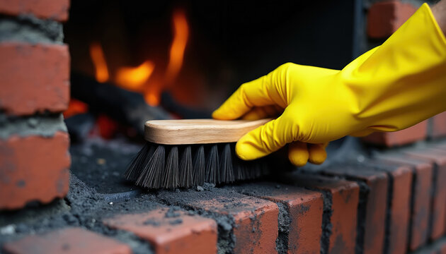 Hand in yellow glove cleans fireplace brickwork with brush near glowing embers. Home safety and upkeep task involves manual chimney sweeping removing soot and ash for clean.