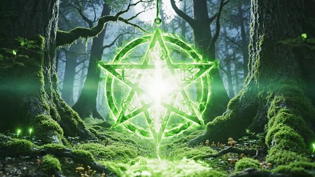 Glowing green mystical pentacle symbol in dark mossy forest
