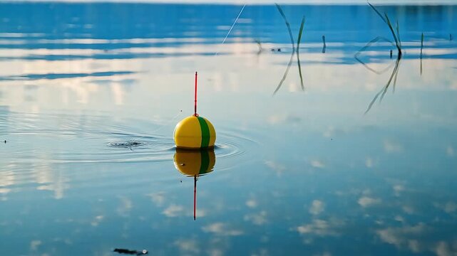 Close up of yellow and green fishing float bobber on calm blue water surface