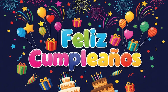 Vibrant 'feliz cumpleaos' celebration background with colorful balloons gifts and cakes for birthday wishes and party decorations