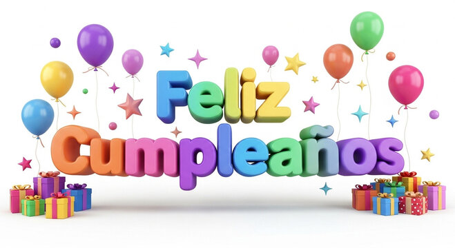 Colorful 'feliz cumpleaos' celebration with balloons gifts and stars on white background for birthday wishes