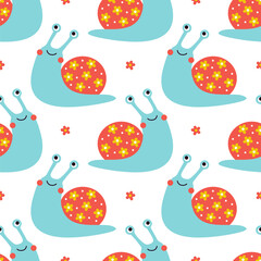 Seamless pattern with happy cartoon snail. Funny mollusk character. Handdrawn vector repeating ornament. Good for wallpaper, kids textile, nursery decor, wrapping paper, scrapbooking © Olha Yu