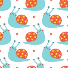 Seamless pattern with happy cartoon snail. Funny mollusk character. Handdrawn vector repeating ornament. Good for wallpaper, kids textile, nursery decor, wrapping paper, scrapbooking © Olha Yu