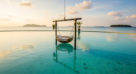Fototapeta na wymiar Luxury Infinity Pool with Woven Hanging Daybed at Tropical Resort Sunset