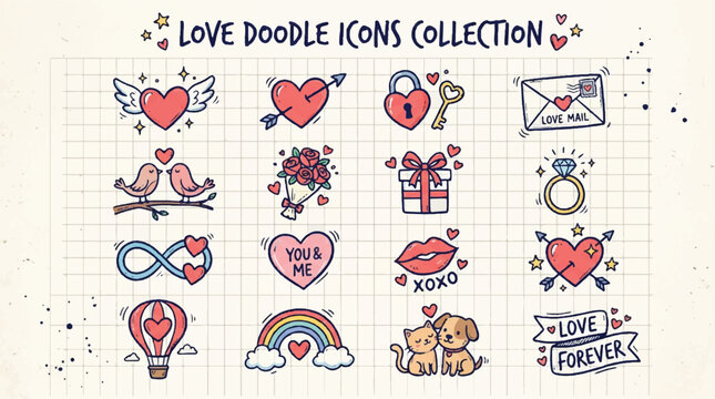Playful Heart and Love Doodle Icons Collection for Romantic Messages and Design.