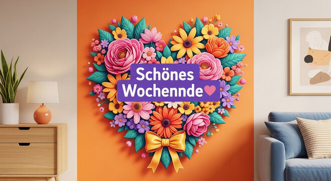 Colorful heart shaped floral arrangement with 'schoenes wochenende' on orange wall in modern living room with blue sofa