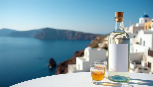 Bottle Ouzo with glasses on table, greek village coast view. Clear spirit drink, empty label, aperitif leisure. Mediterranean island holiday mood, sunny clear day.