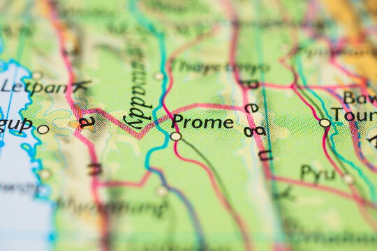 Close up of Prome Pyay region on Myanmar road map.
