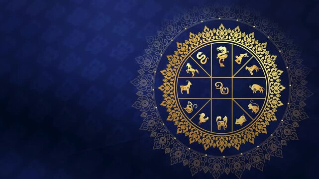 Golden Rotating Thai Zodiac Animal Wheel on Dark Blue Background