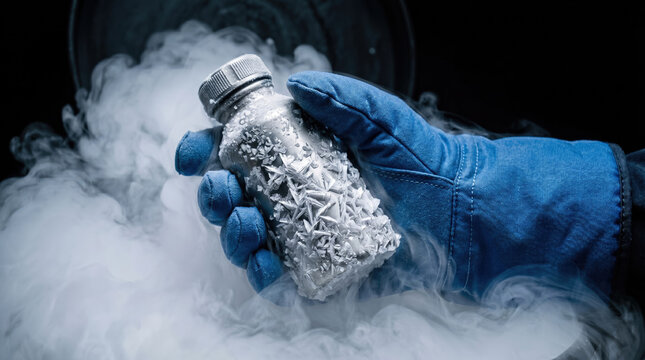 Scientist Holding Frozen Cryogenic Vial Covered in Ice Crystals with Liquid Nitrogen Vapor