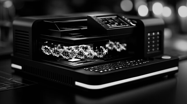 Laboratory DNA sequencer machine displaying a glowing double helix
