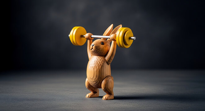 Wooden Rabbit Figurine Lifting Yellow Barbell Weights, Gym and Strength Concept Art