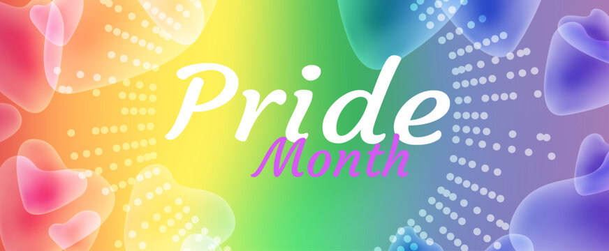 Abstract rainbow gradient Pride Month banner with fluid hearts and typography