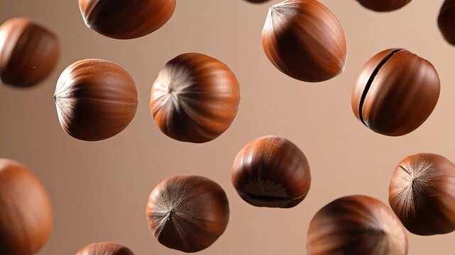 Whole ripe hazelnuts falling in the air