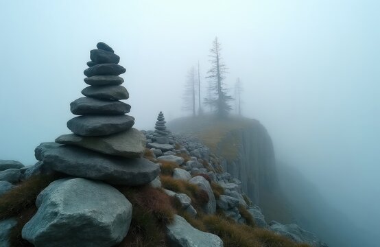 Stone cairns balance on a rocky mountain edge shrouded in dense fog. Tall thin trees emerge from mist on a remote plateau. Serene, quiet landscape evokes deep contemplation and stillness.
