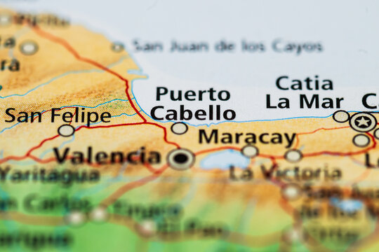 Close up printed map showing Valencia and Maracay region.
