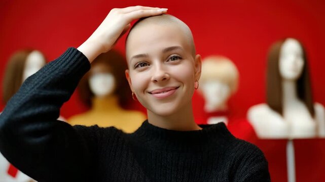 Handheld tracking close shot of woman touching shaved head and smiling in wig shop with mannequin display