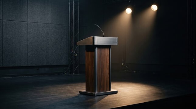 Dramatic wooden podium, stage lectern, dark background, spotlights, presentation setup