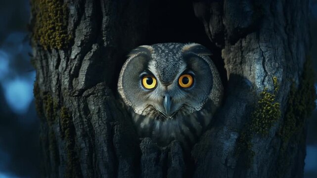 Close-Up of Owl with Striking Yellow Eyes in Dark Hollow