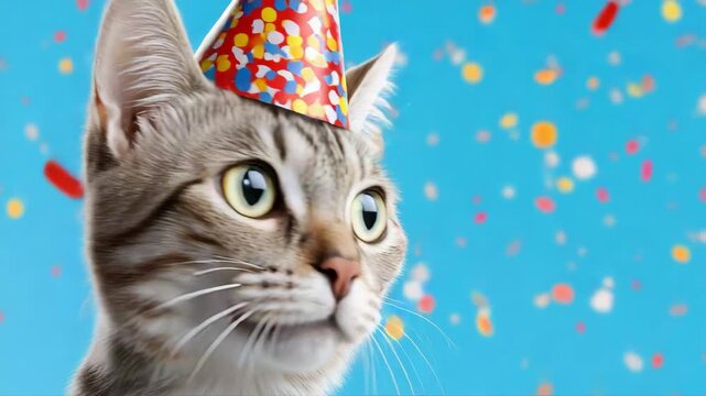 Slow motion tracking close pan shot of cat turning head while wearing party hat against confetti blue studio backdrop