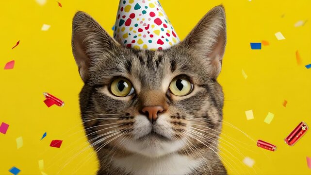 Static close up shot of tabby cat wearing party hat with confetti falling on yellow studio background for celebration