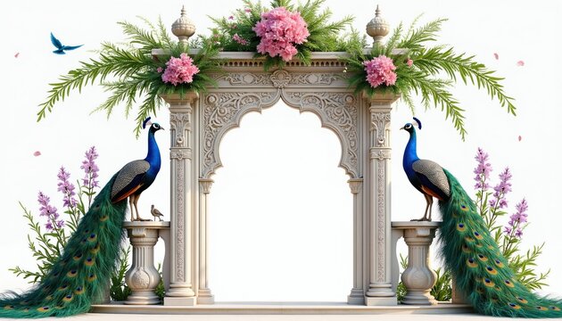 Ornate white stone archway framed by green plants and pink flowers. Two peacocks stand proudly on pedestals beside decorative columns and purple lavender plants. Birds fly overhead.