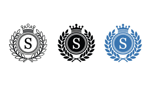 Royal letter S monogram logo icon set featuring circular laurel wreath and crown design in outline solid and blue variants for luxury brand identity and corporate emblem design