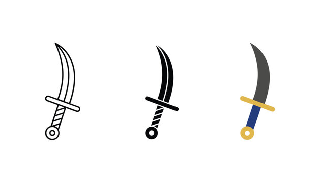 Traditional curved scimitar sword icon set featuring sharp blade design in outline solid and metallic colored styles for fantasy gaming or historical weapon illustration projects
