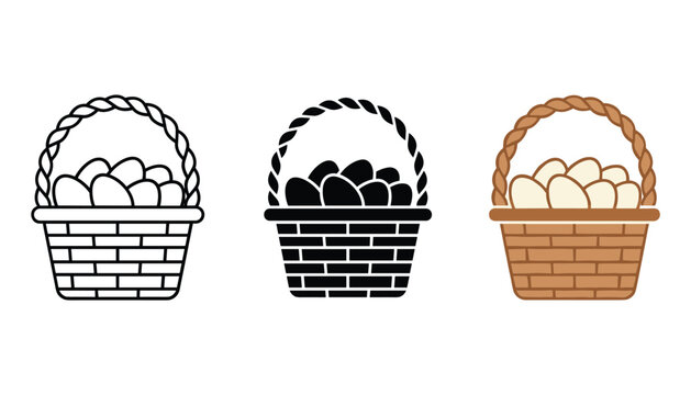 Woven basket filled with eggs icons in line art solid black and flat brown color design for easter and farm produce graphic elements