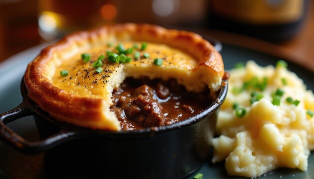 Hearty steak and ale pie with golden pastry crust sits in a cast iron pot. Fluffy mashed potatoes and green chives garnish this classic comfort dish. Perfect for a pub meal.