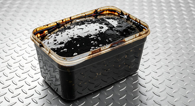 Old Used Black Engine Oil in Plastic Container on Metal Diamond Plate Background