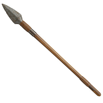 Ancient spear with stone tip isolated on transparent background